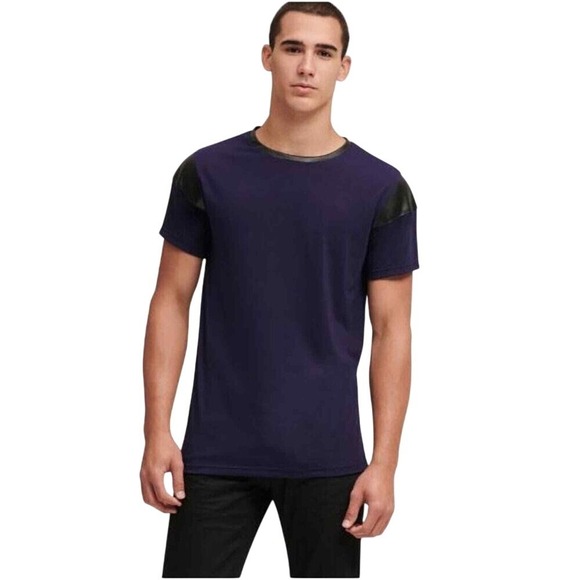 DKNY Tee Mens S Navy Faux Leather Trim Stretch Cotton Modern Casual Streetwear - Picture 1 of 5